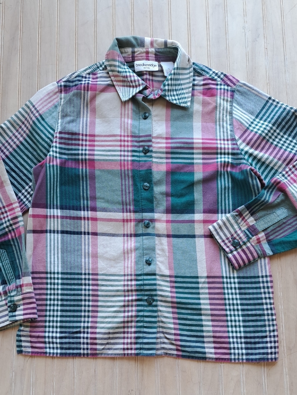 Breckenridge Petite 100% Cotton Plaid Teal Striped Button Front Casual5 Shirt